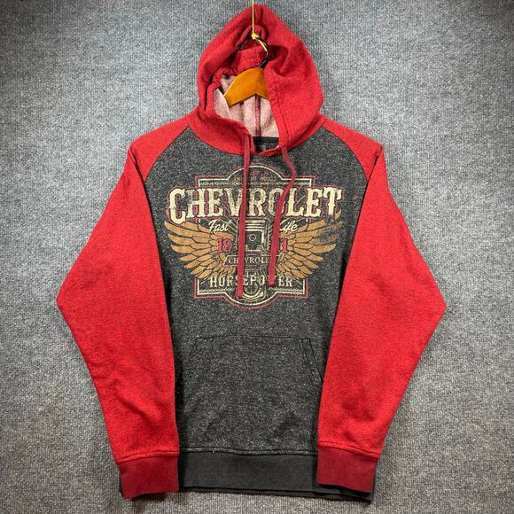 GM Chevrolet Hoodie Adult Medium 38/40 Distressed Gray/Red Drawstring Muscle Car - Picture 1 of 9
